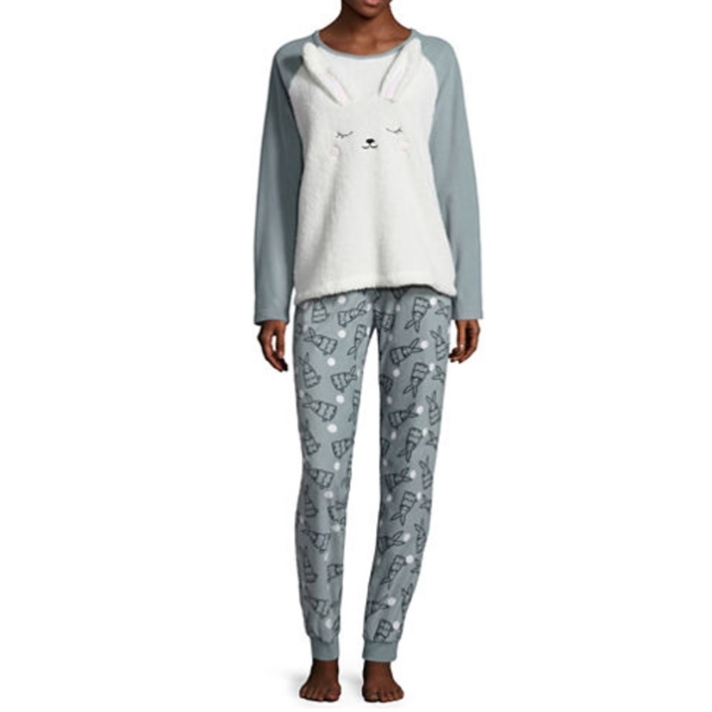 Juniors Womens 2 pc Fleece Bunny Rabbit Fleece Pajamas Size M L XL  NWT